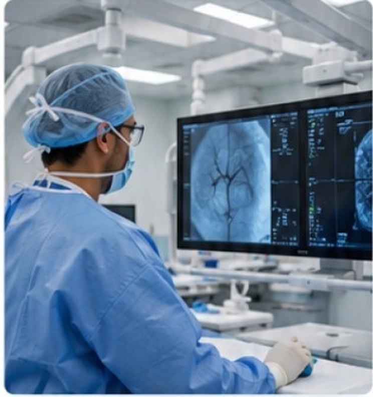 Interventional radiologist reviewing angiography images in the procedure room